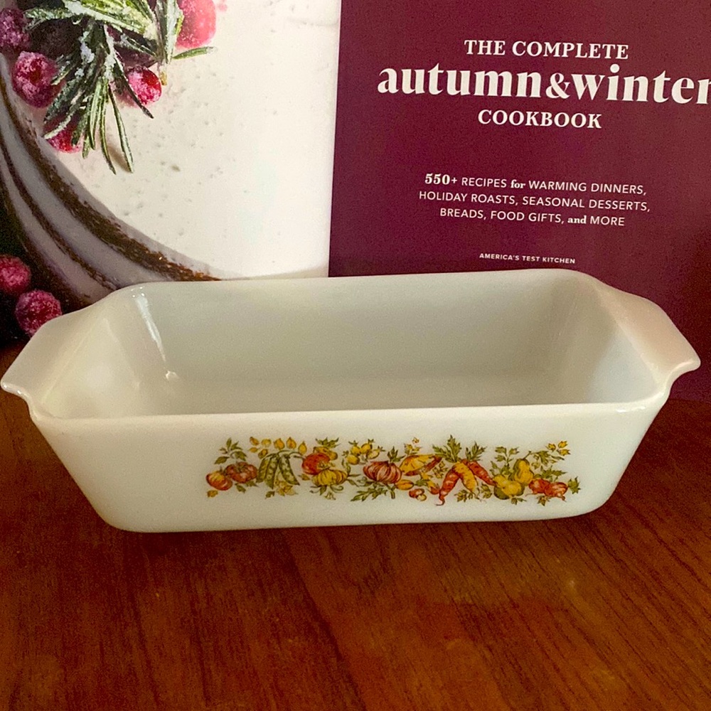 Vintage Anchor Hocking 441 Loaf Pan Baking Dish Vegetable Harvest Pattern 1 qt